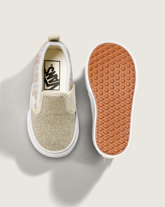 Toddler Classic Slip-On V Shoe in Glitter Plaid Incense Brown | Vans outlet