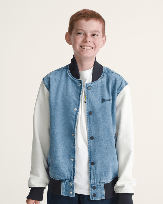 Kids Denim Baseball Jacket in Stonewash Blue | Vans on sale