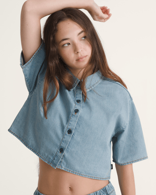 Wren Denim Button Up Shirt in Stonewash Blue | Vans sale