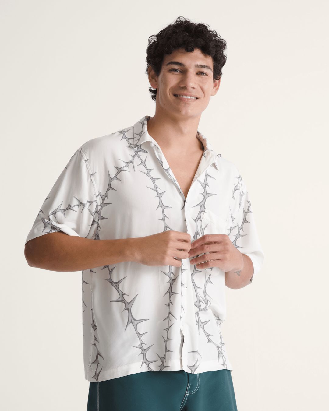 Van Doren Printed Camp Button Up Shirt in White | Vans near me
