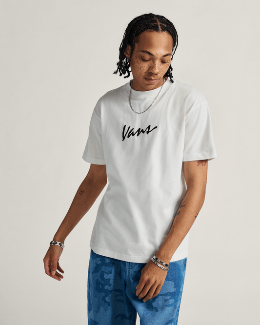 Classic Script T-Shirt in Marshmallow White / Black | Vans on sale
