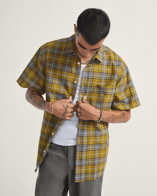 Lawson Plaid Button Up Shirt in Burnt Gold Yellow / Stormy Weather Blue | Vans outlet
