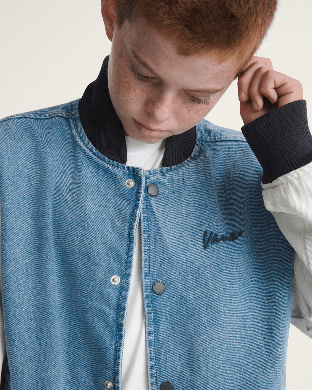 Kids Denim Baseball Jacket in Stonewash Blue | Vans on sale