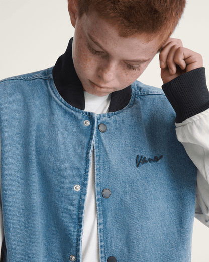 Kids Denim Baseball Jacket in Stonewash Blue | Vans on sale